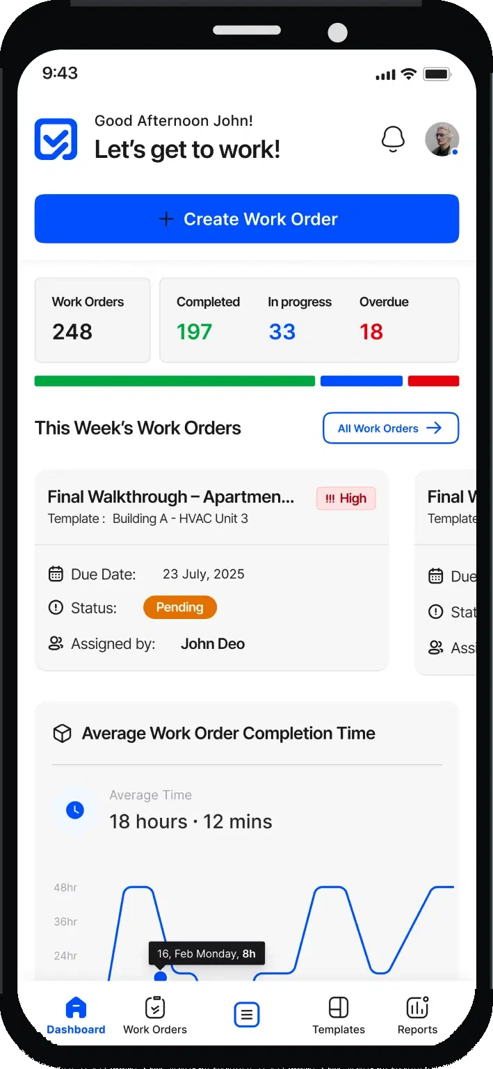Inspeq work order dashboard on mobile