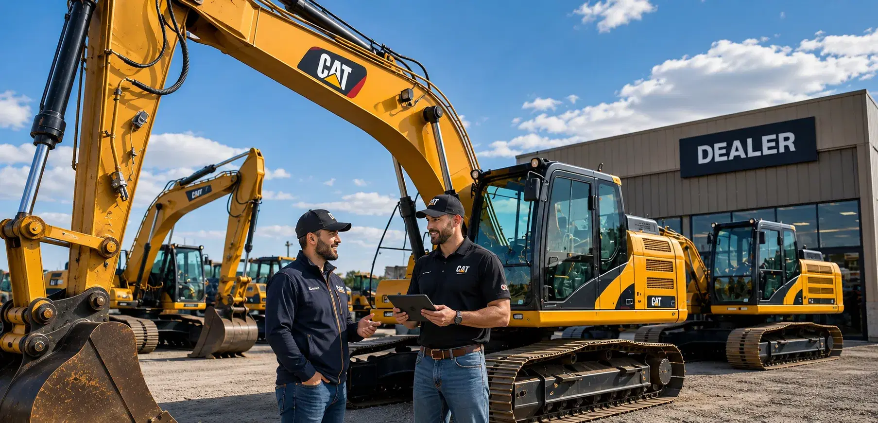 Dealers reviewing equipment with a tablet at a dealership lot